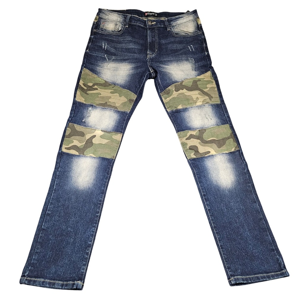 Southpole Skinny Jeans 34x32 Blue Camo Patch Panels Faded Wash Streetwear Y2K‎